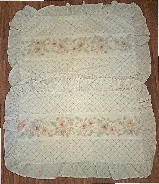Vintage King Pillow Shams Set Of 2 Pastel Floral Ruffled Lattice Peach Purple